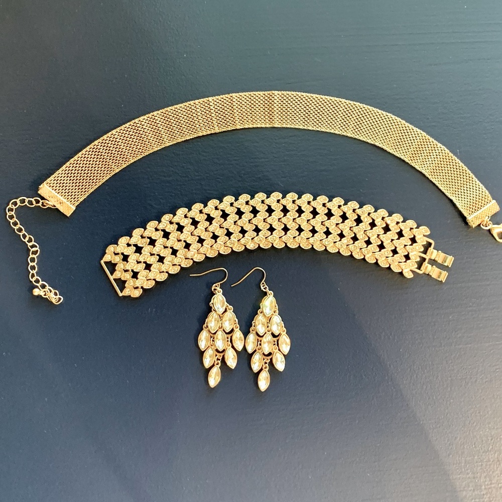 Gold and rhinestone 3 pc jewelry set- choker necklace, bracelet and earrings